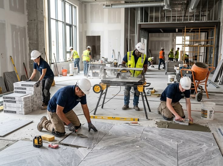 Contractor labour work — skilled flooring labour team deployed at a construction site in Eluru