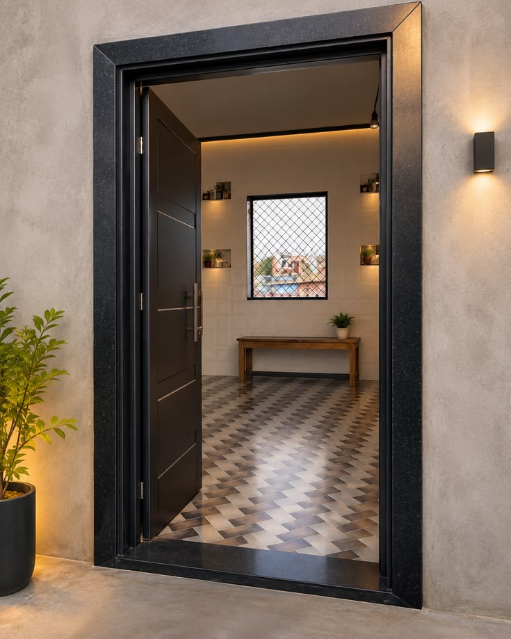 Granite pillars and traditional Telugu door frames (gummalu) crafted by Surya Prakash Tile & Stone Works in Eluru