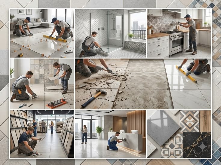 Tile work service — vitrified tile flooring being installed by tile contractor in Eluru